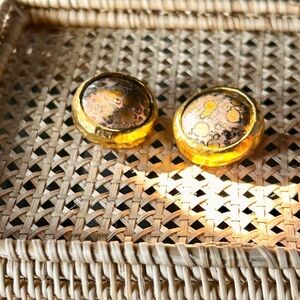 Vntg Kenneth Jay Lane KJL Gold and Black Round Earrings with unique stone center